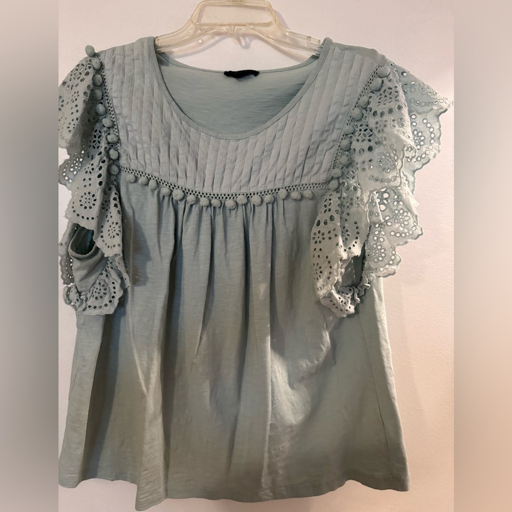 J. Crew mint/light blue Eyelet Ruffle Top